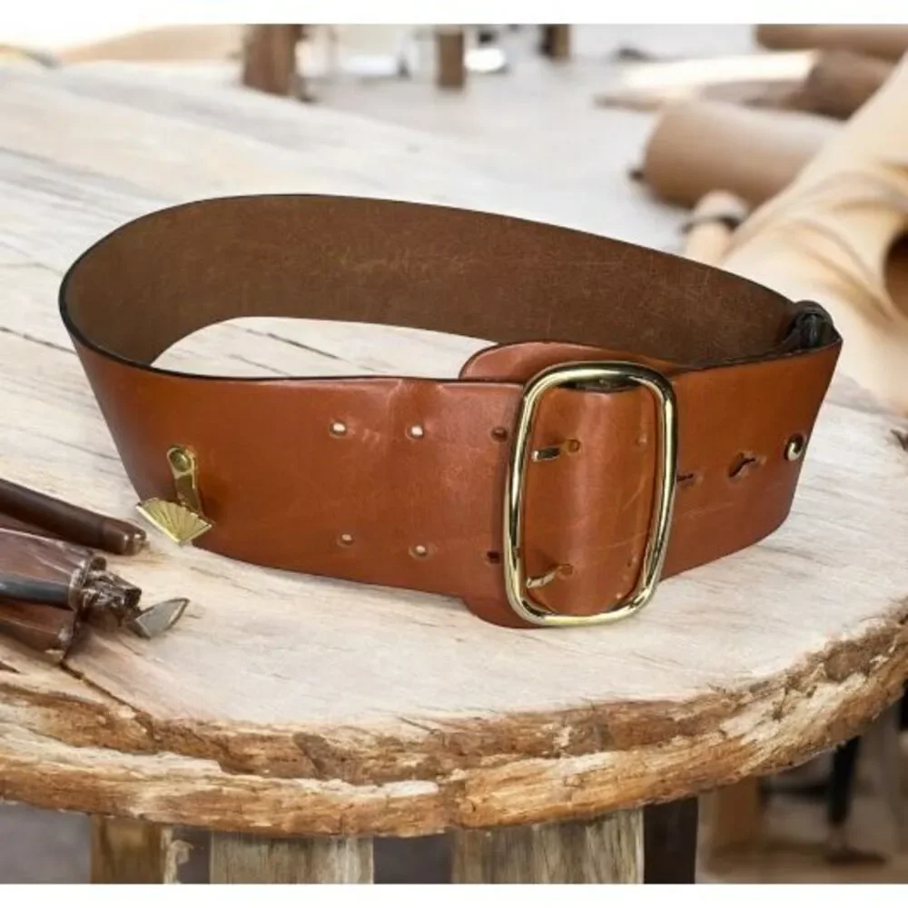 Karl Lagerfeld Vintage Wide Brown Leather Belt With Gold Fan 28-32”